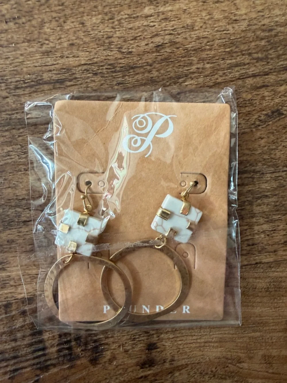 Plunder Gold Hammered Hoop Earrings with White Marble Squares